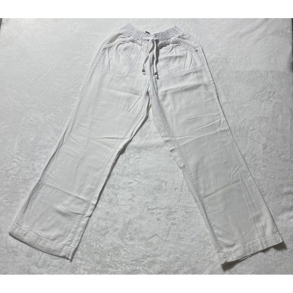 Beau Dawson Casual Linen Pants Women’s Medium White Elastic Waist Pockets Beach